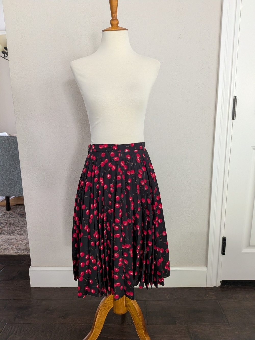 J. Crew Black Pleated Skirt with Cherry Print
